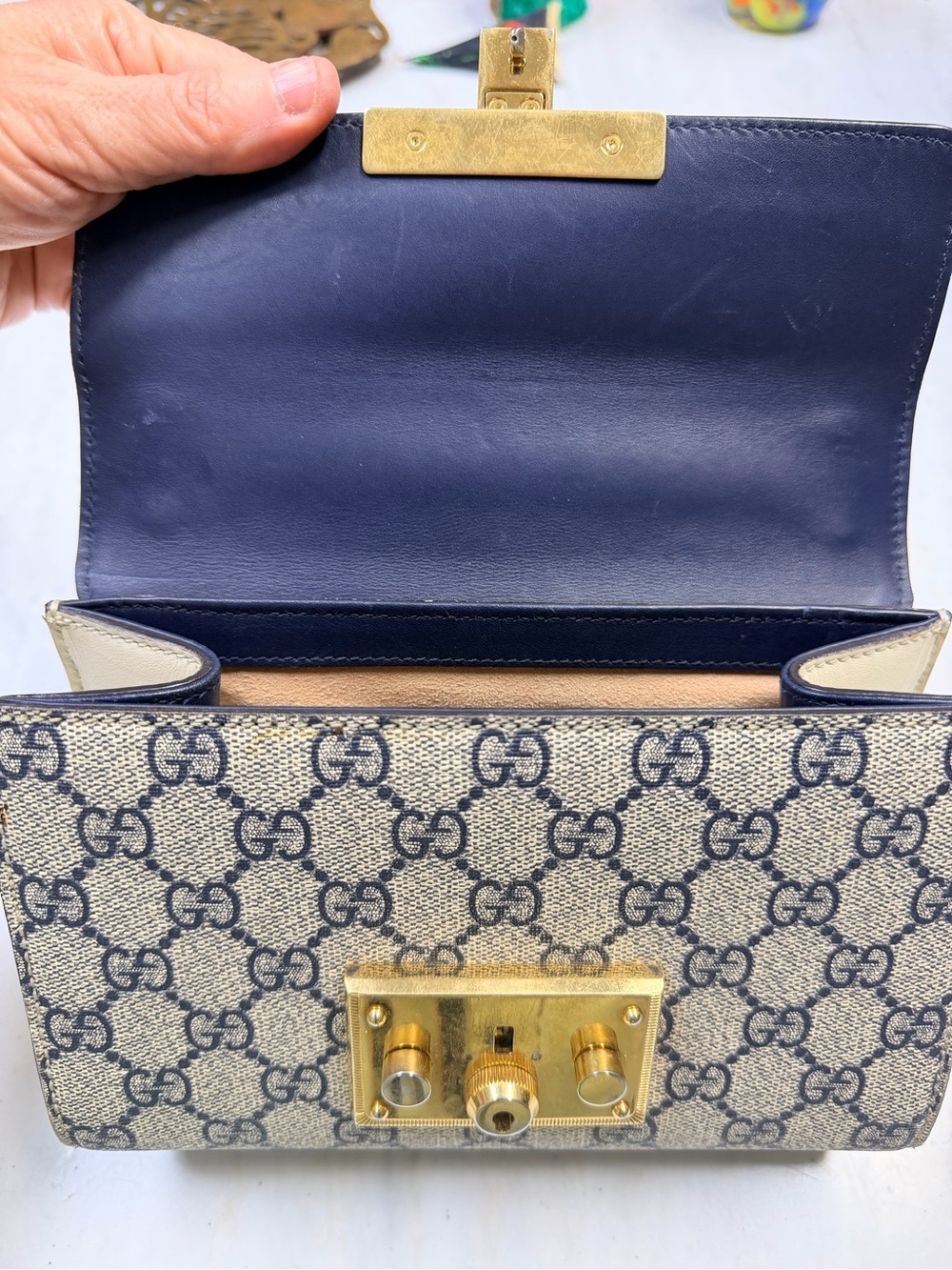Gucci Blue Leather & GG Canvas Padlock Chain Shoulder Bag - Picture 8 of 12